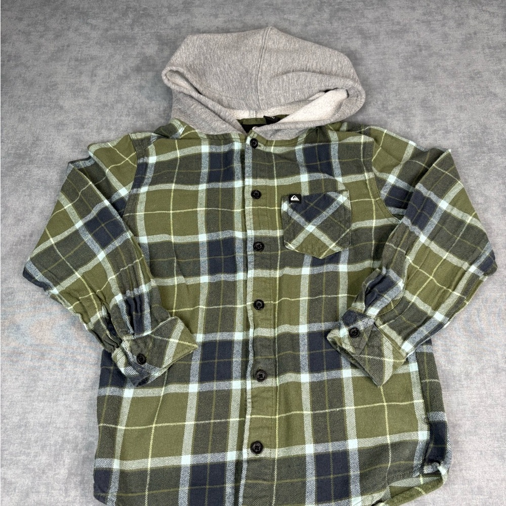 Quiksilver Hooded Flannel Shirt Kids S 7/8 Green Plaid Button Up